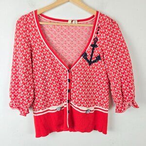 Anthropologie Moth Cardigan Sweater Size M Anchor Maritime Coxswain Red Nautical